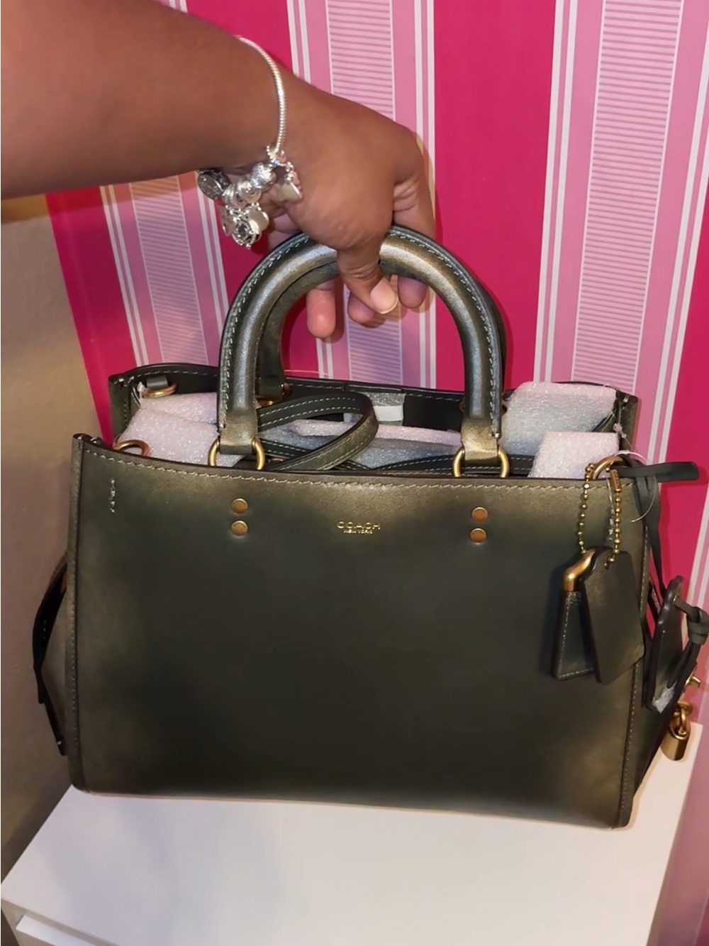Coach Olive Green Leather Satchel with Gold Hardware